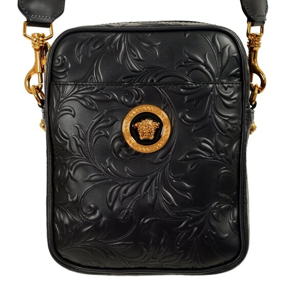 Versace Unisex Navy Blue Barocco Embossing Leather Crossbody Shoulder Bag - Picture 2 of 8